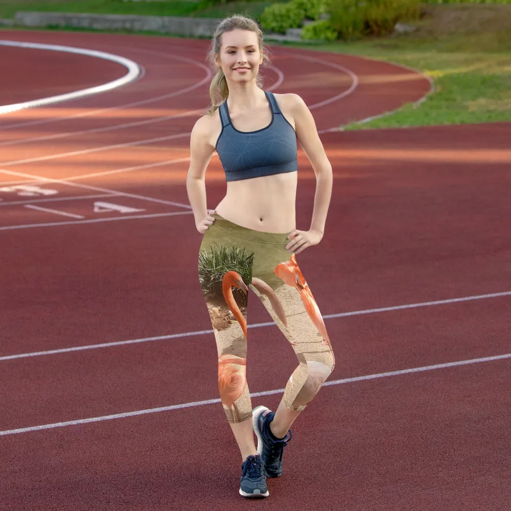 Women's Fitness/Fashion Capri Leggings - All-Over Print - Flamingo Friends Collection
