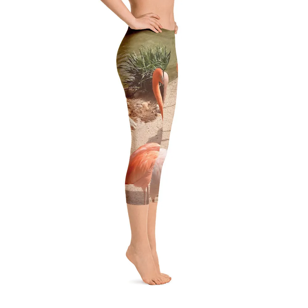 Women's Fitness/Fashion Capri Leggings - All-Over Print - Flamingo Friends Collection