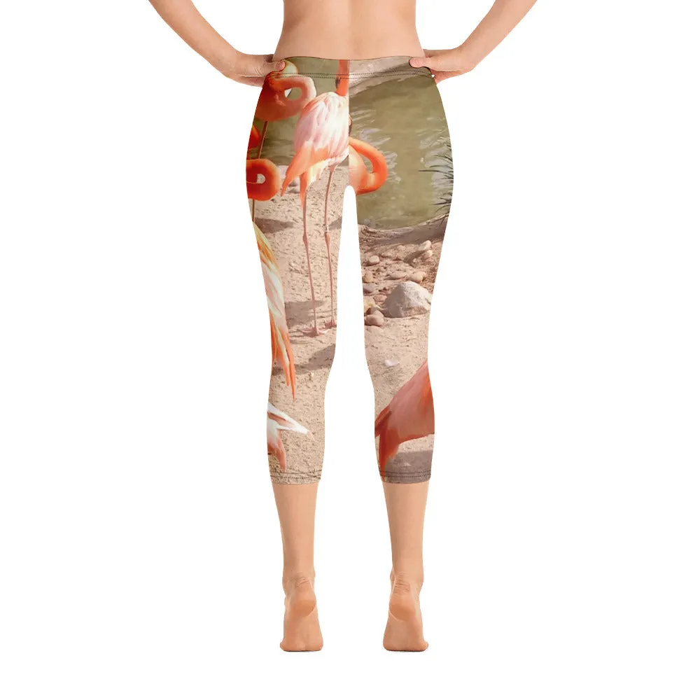 Women's Fitness/Fashion Capri Leggings - All-Over Print - Flamingo Friends Collection