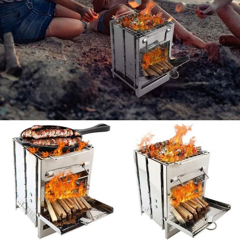 Wood Burning Camp Stove Folding Stainless Steel BBQ Outdoor Survival