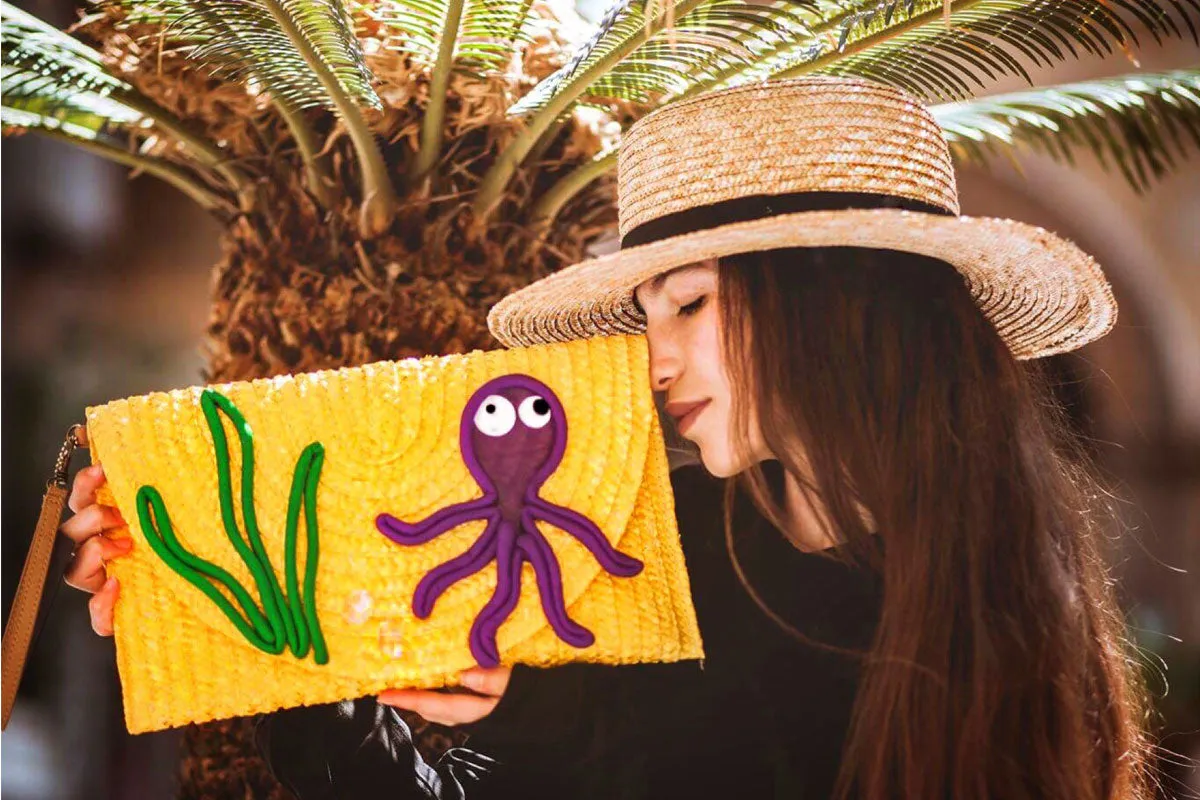 Woven straw Yellow Octopus Maxi Clutch