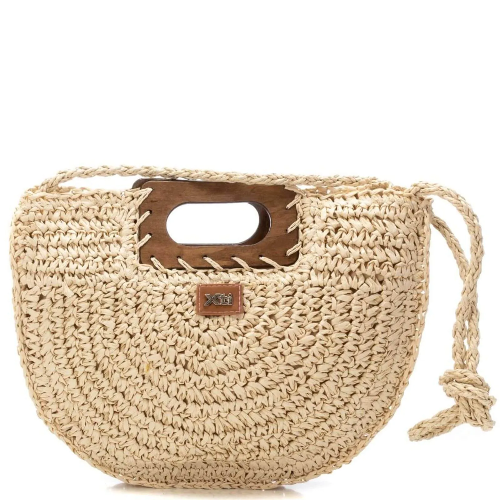 XTI Raffia Crossbody With Wooden Handle - Cream